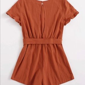 Ruffle Trim Split Back Self Belted Romper